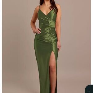 David’s Bridal Martini Olive Green Satin V-Neck Spaghetti Strap Dress